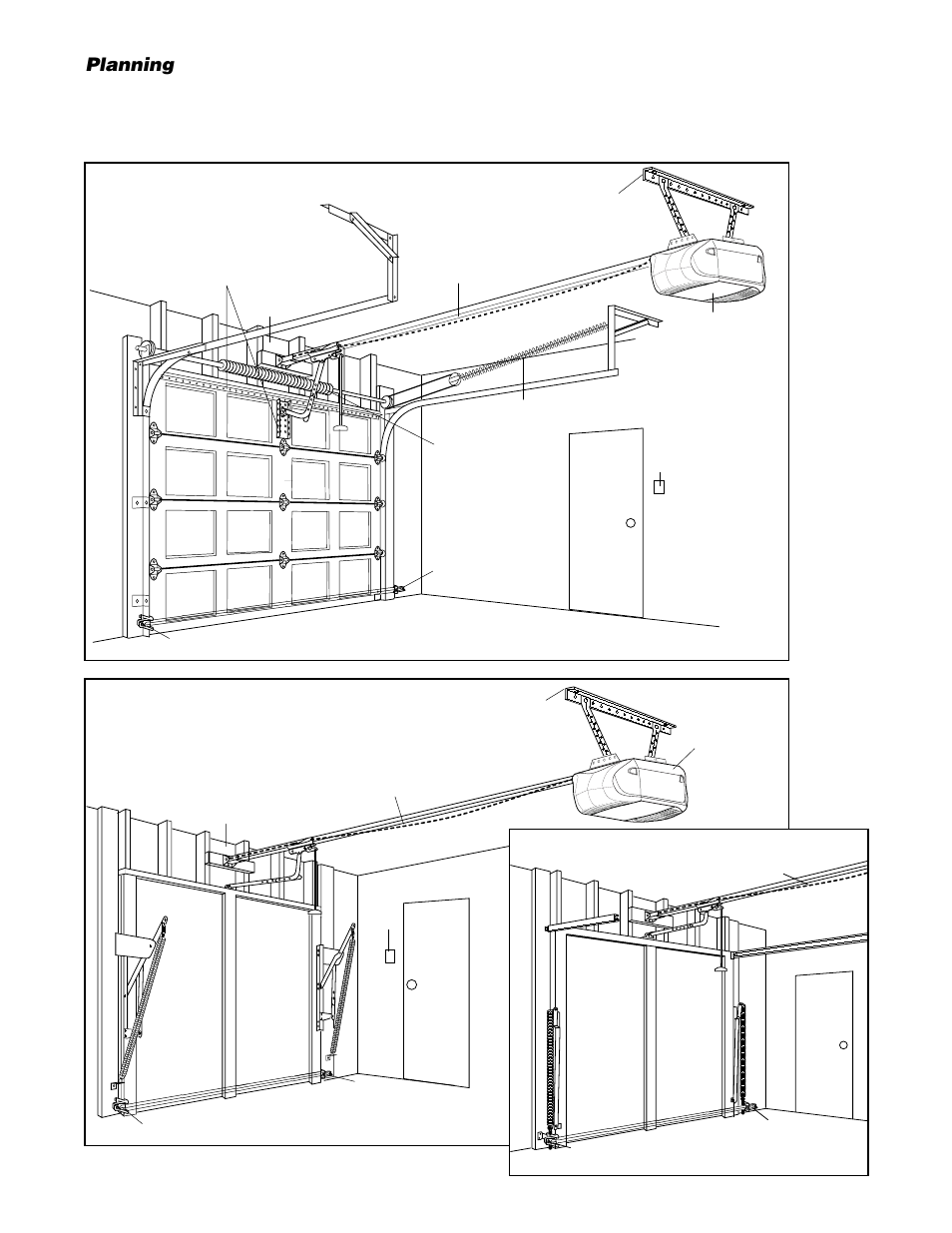 Planning, One-piece door without track, One-piece door with track | Chamberlain 2565 User Manual | Page 4 / 36