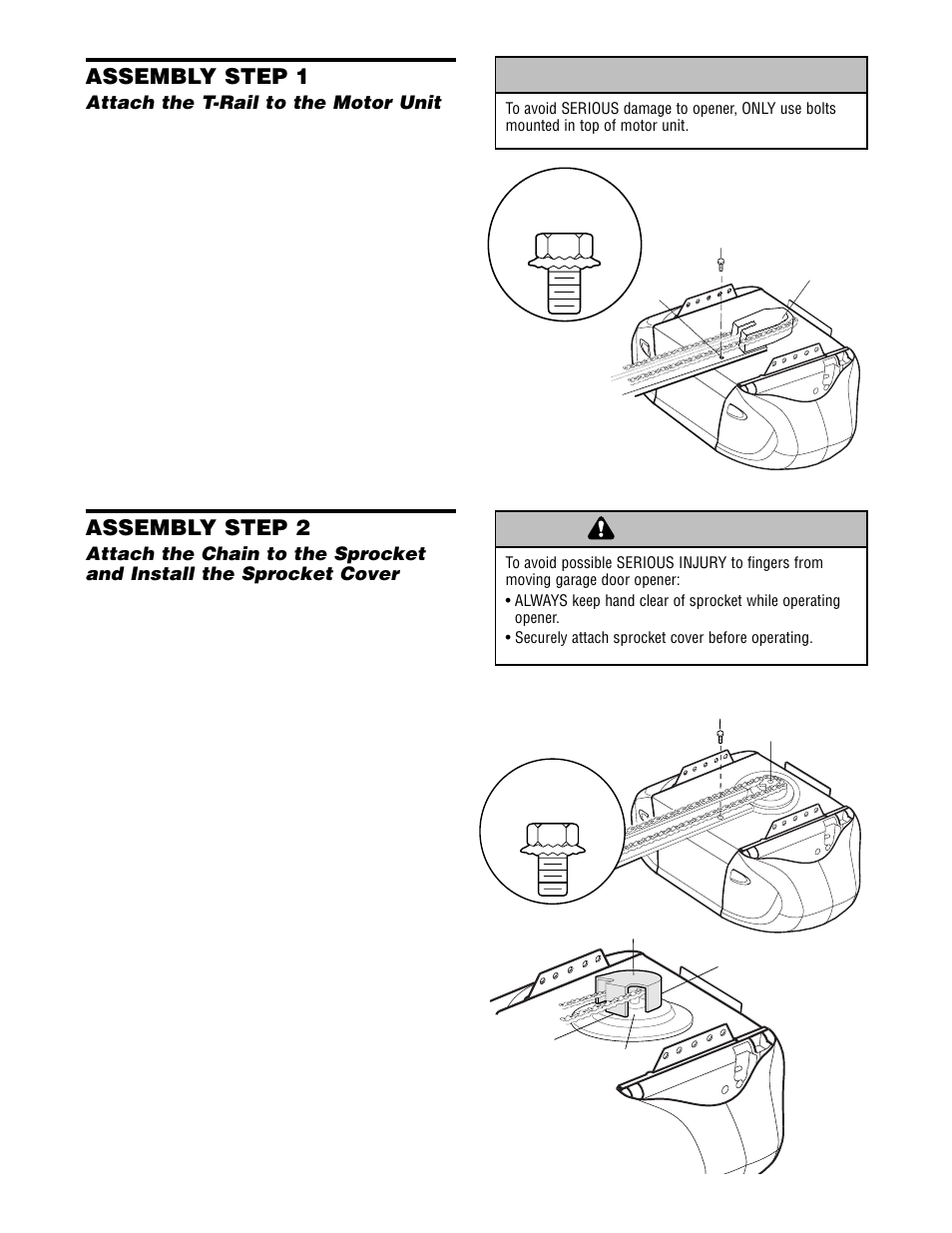 Assembly, Attach the t-rail to the motor unit, Caution | Warning, Assembly step 1, Assembly step 2 | Chamberlain 2565 User Manual | Page 6 / 36