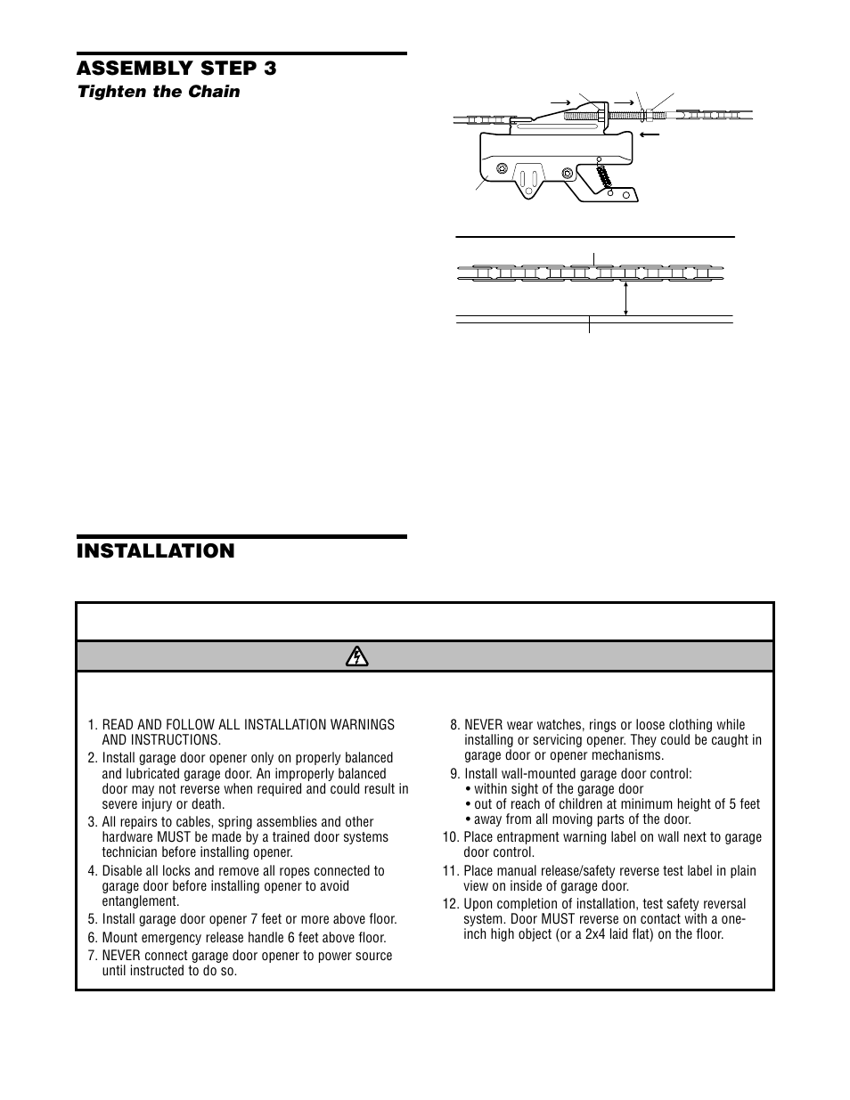 Tighten the chain, Important installation instructions, Assembly step 3 | Installation | Chamberlain 2565 User Manual | Page 7 / 36