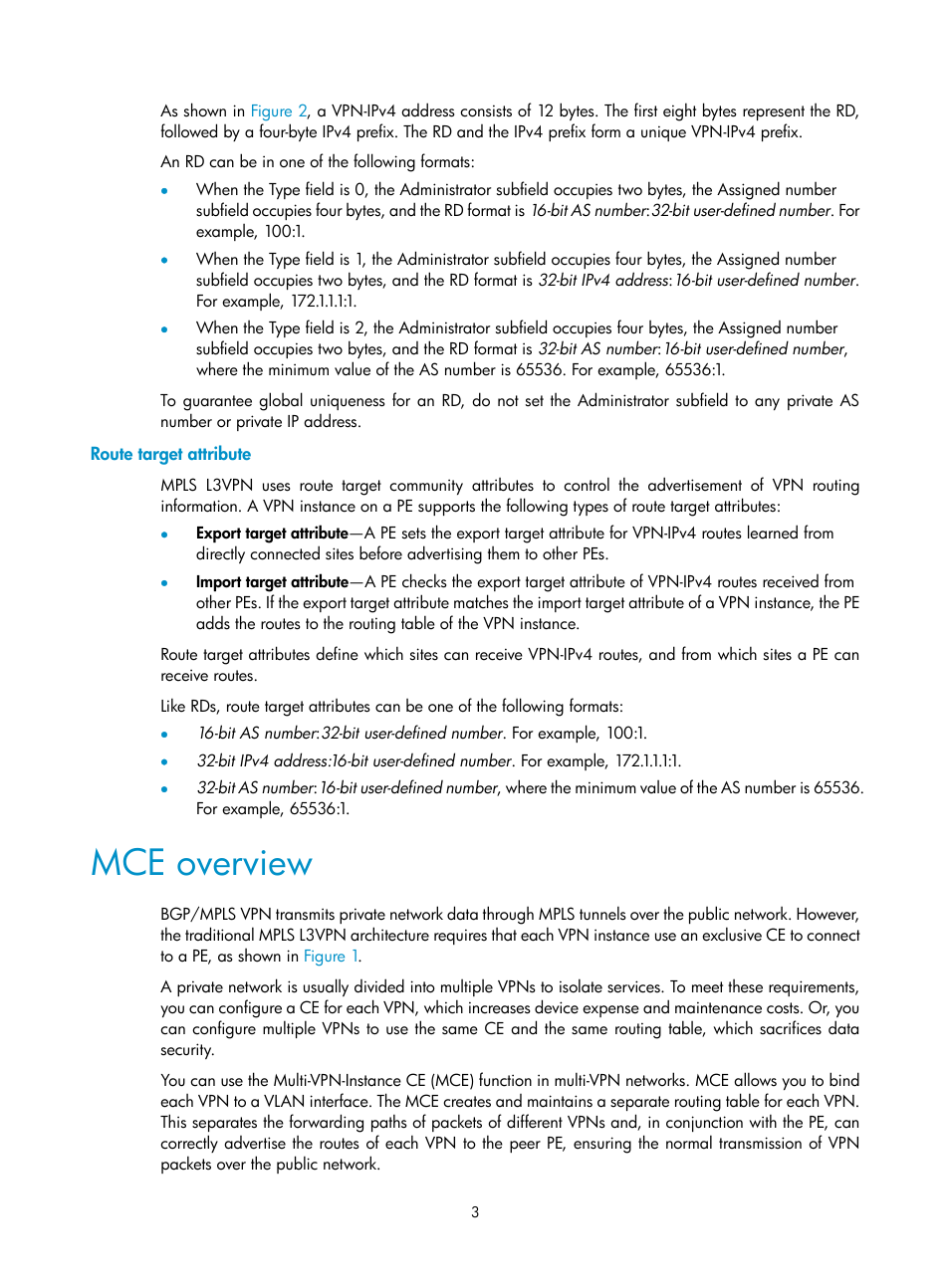 Route target attribute, Mce overview | H3C Technologies H3C S6800 Series Switches User Manual | Page 10 / 52