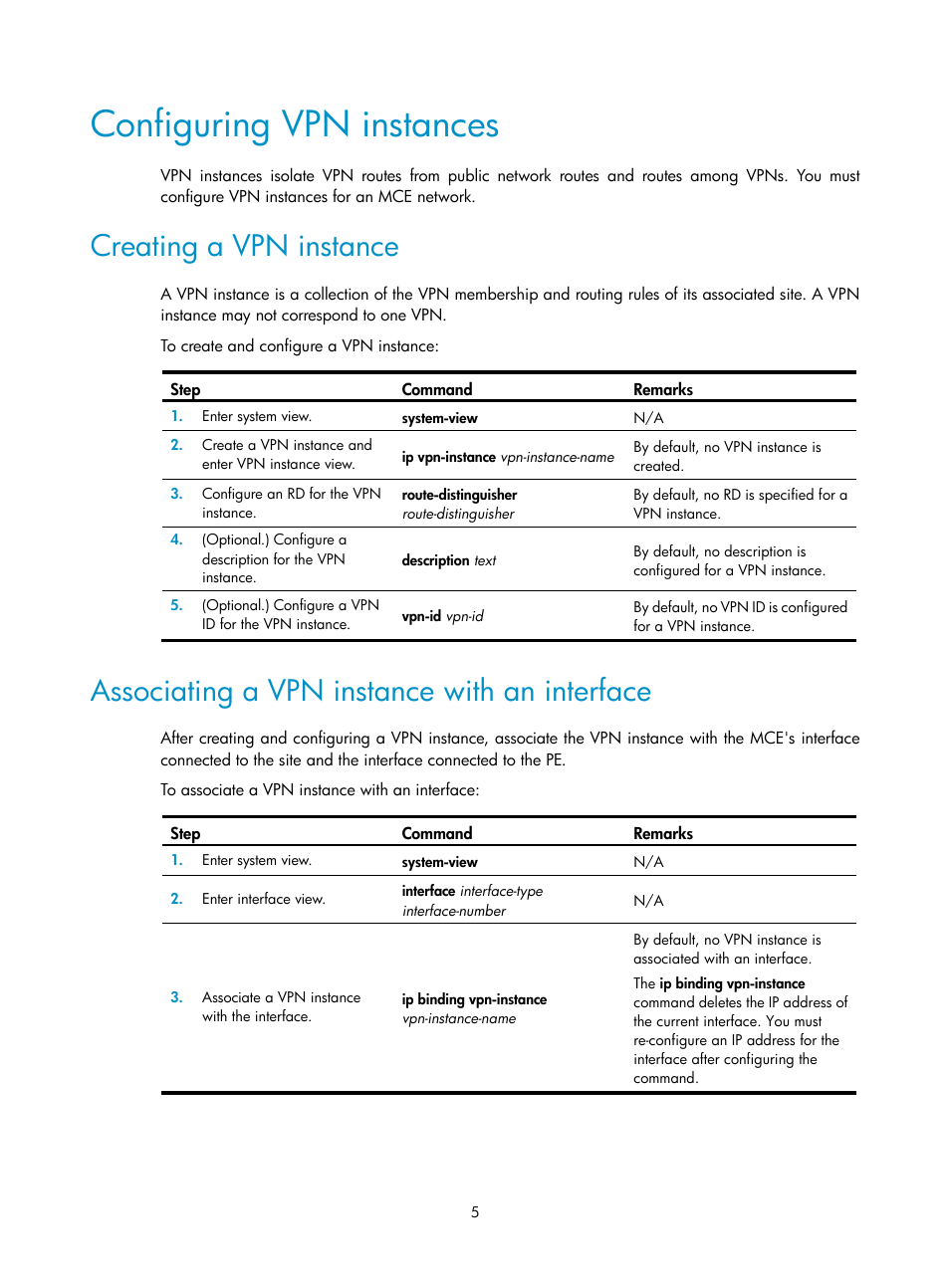 Configuring vpn instances, Creating a vpn instance, Associating a vpn instance with an interface | H3C Technologies H3C S6800 Series Switches User Manual | Page 12 / 52