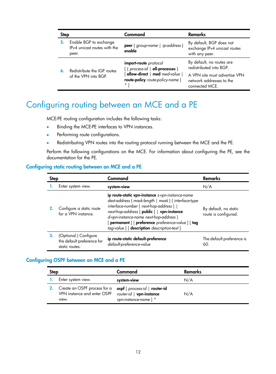 Configuring routing between an mce and a pe, Configuring static routing between an mce and a pe, Configuring ospf between an mce and a pe | H3C Technologies H3C S6800 Series Switches User Manual | Page 19 / 52