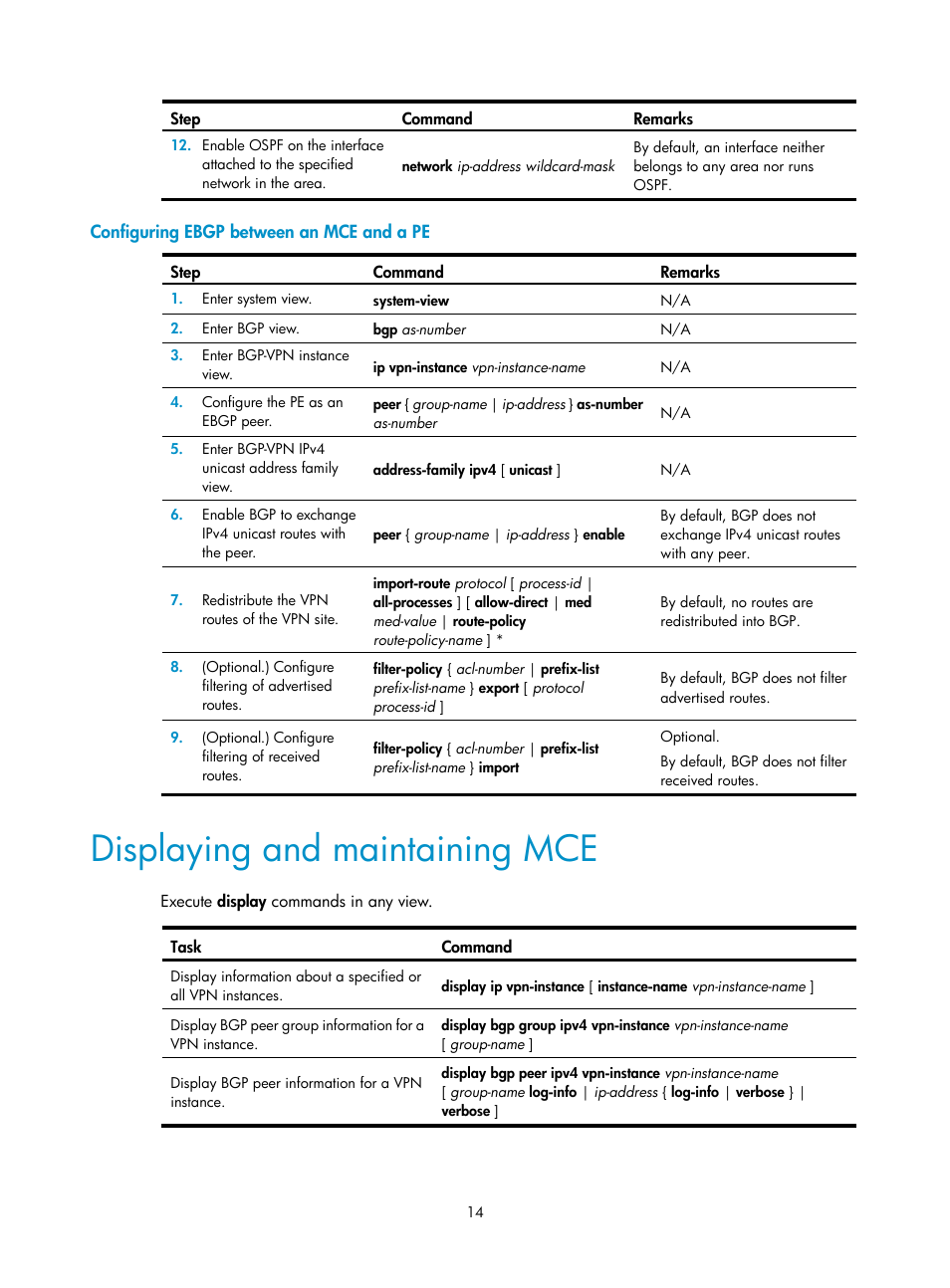 Configuring ebgp between an mce and a pe, Displaying and maintaining mce | H3C Technologies H3C S6800 Series Switches User Manual | Page 21 / 52