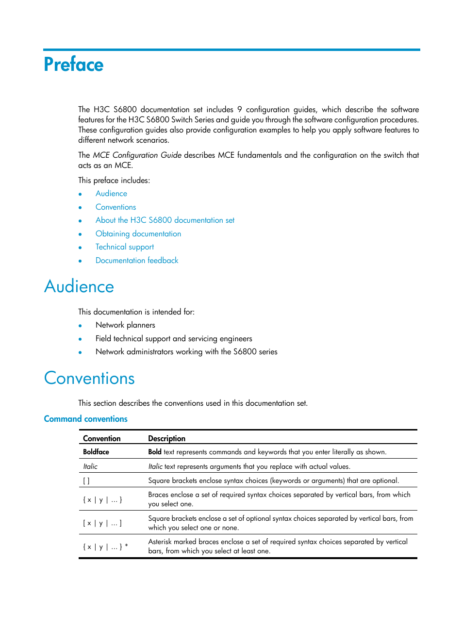 Preface, Audience, Conventions | Command conventions | H3C Technologies H3C S6800 Series Switches User Manual | Page 3 / 52