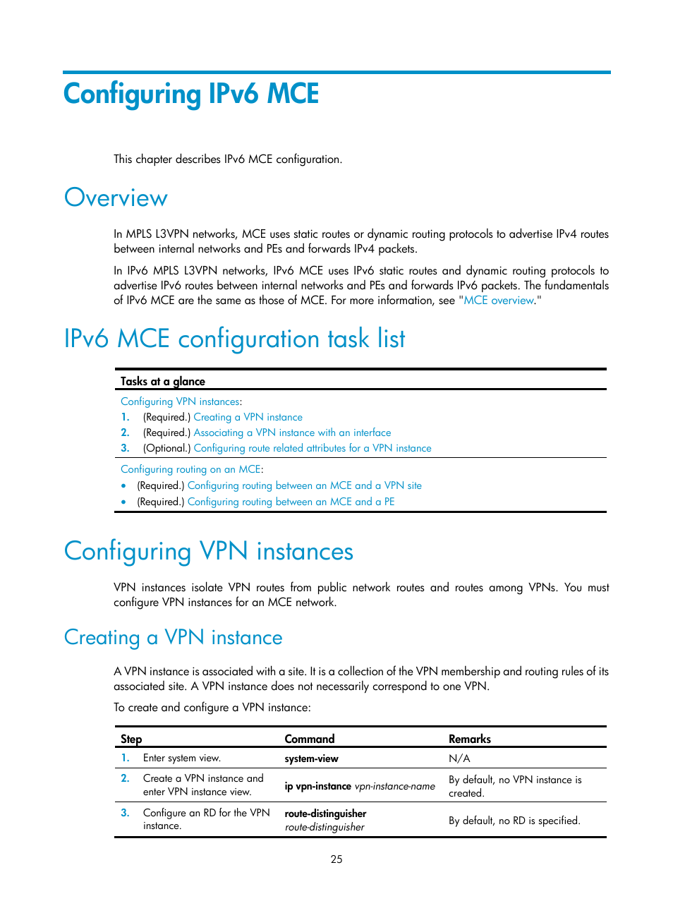 Configuring ipv6 mce, Overview, Ipv6 mce configuration task list | Configuring vpn instances, Creating a vpn instance | H3C Technologies H3C S6800 Series Switches User Manual | Page 32 / 52