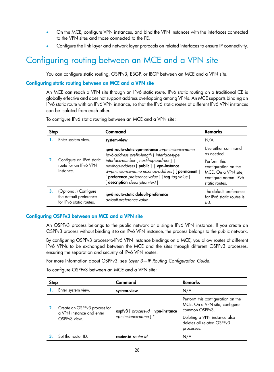 Configuring routing between an mce and a vpn site, Configuring ospfv3 between an mce and a vpn site | H3C Technologies H3C S6800 Series Switches User Manual | Page 35 / 52