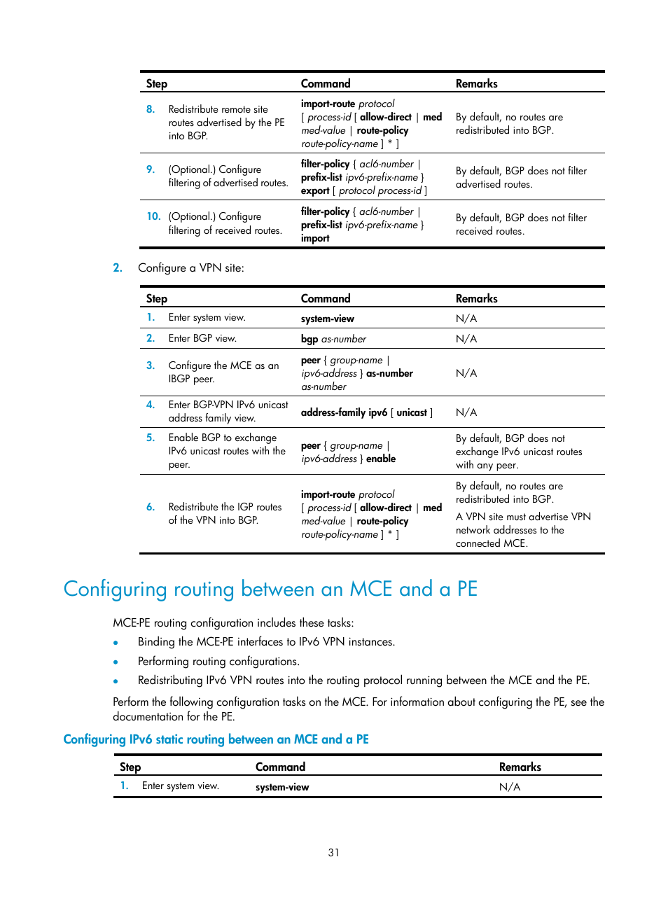 Configuring routing between an mce and a pe | H3C Technologies H3C S6800 Series Switches User Manual | Page 38 / 52