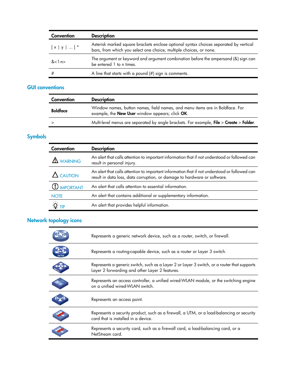 Gui conventions, Symbols, Network topology icons | H3C Technologies H3C S6800 Series Switches User Manual | Page 4 / 52