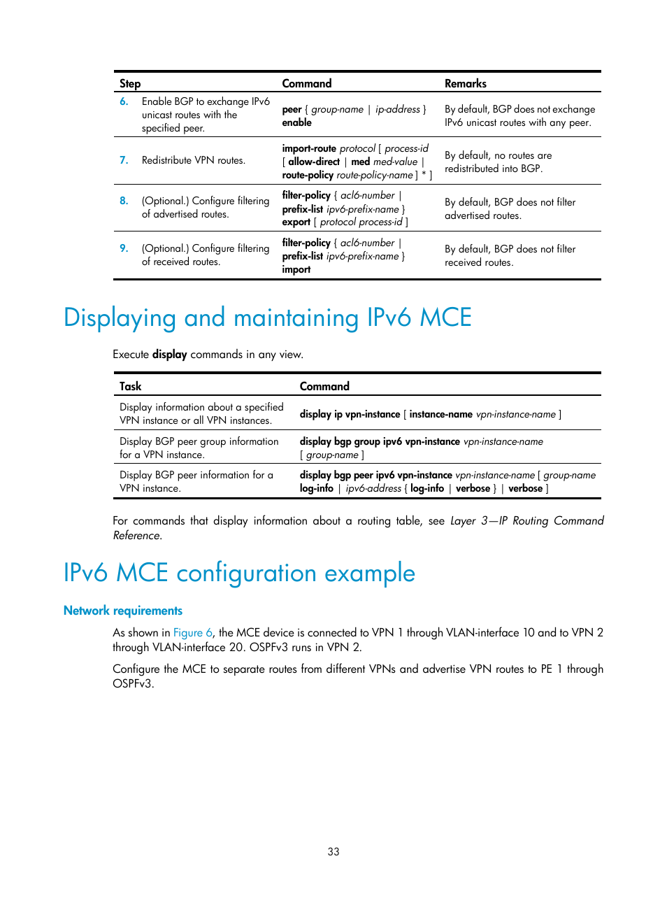 Displaying and maintaining ipv6 mce, Ipv6 mce configuration example, Network requirements | H3C Technologies H3C S6800 Series Switches User Manual | Page 40 / 52