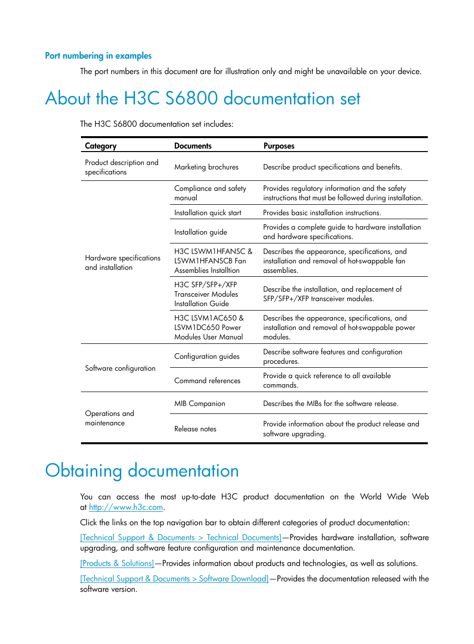 Port numbering in examples, About the h3c s6800 documentation set, Obtaining documentation | H3C Technologies H3C S6800 Series Switches User Manual | Page 5 / 52