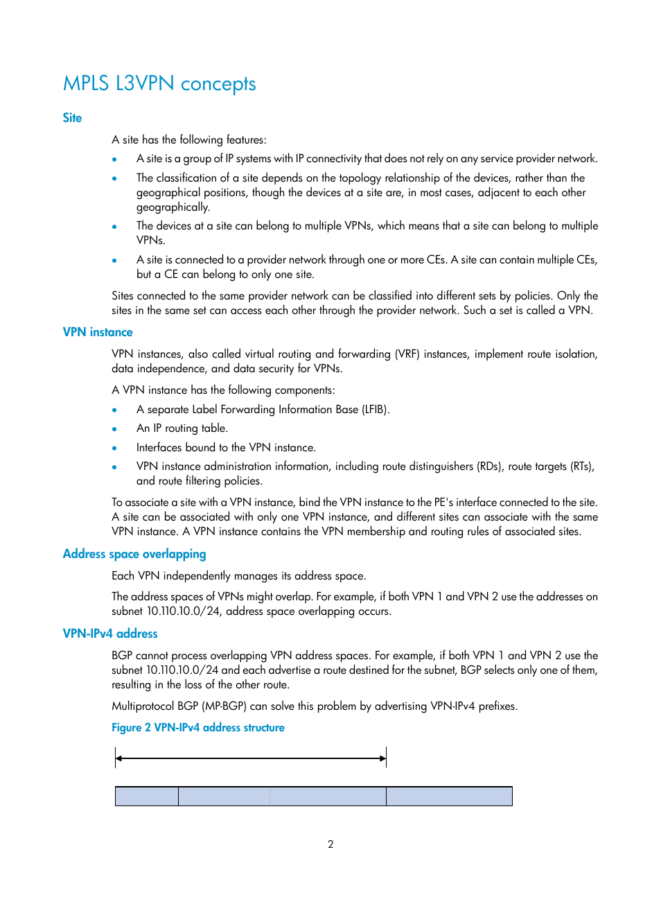 Mpls l3vpn concepts, Site, Vpn instance | Address space overlapping, Vpn-ipv4 address | H3C Technologies H3C S6800 Series Switches User Manual | Page 9 / 52