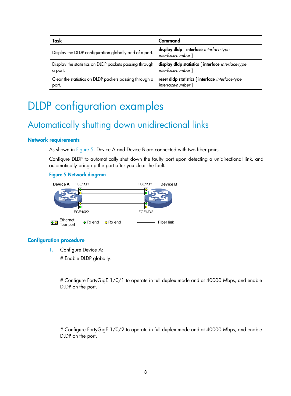 Dldp configuration examples, Automatically shutting down unidirectional links, Network requirements | Configuration procedure | H3C Technologies H3C S6800 Series Switches User Manual | Page 16 / 68