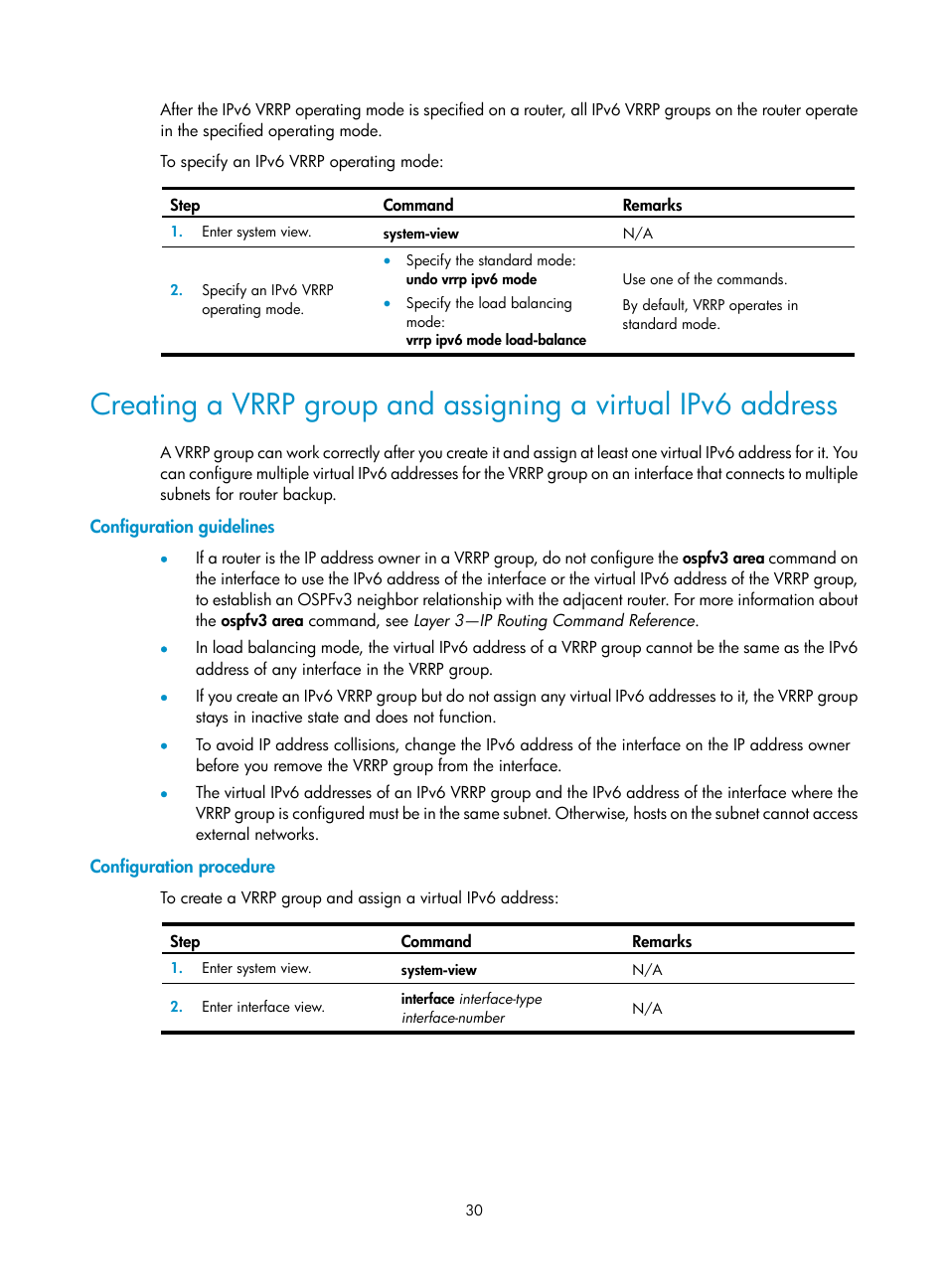 Configuration guidelines, Configuration procedure, Required.) | Creating a vrrp group and, Assigning a virtual ipv6 address | H3C Technologies H3C S6800 Series Switches User Manual | Page 38 / 68