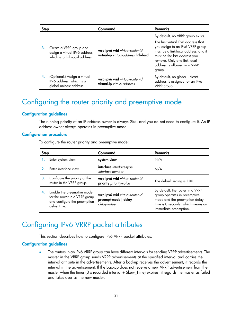 Configuration guidelines, Configuration procedure, Configuring ipv6 vrrp packet attributes | Configuring the router priority and, Preemptive mode, Configuring ipv6 vrrp packet, Attributes | H3C Technologies H3C S6800 Series Switches User Manual | Page 39 / 68