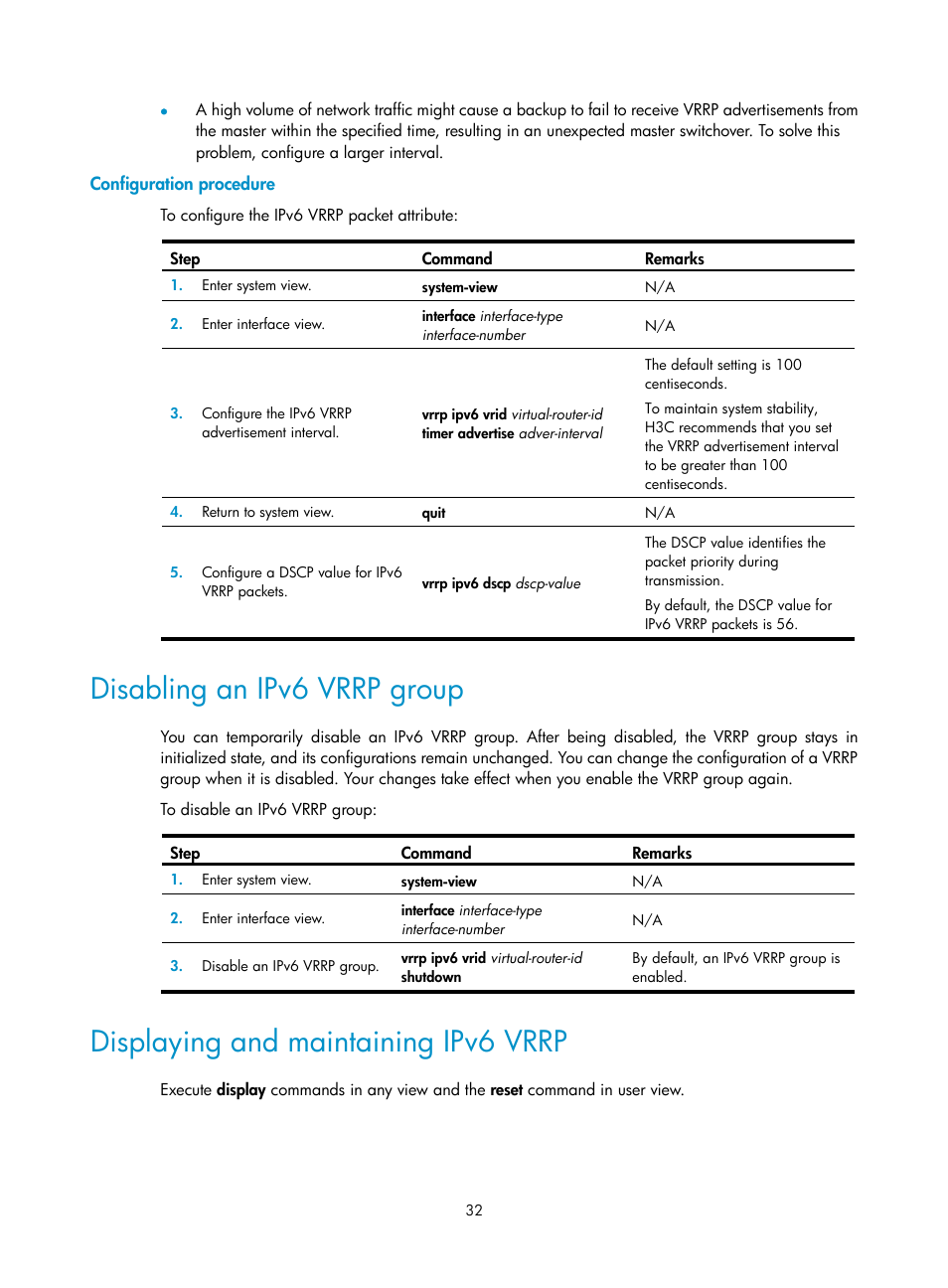 Configuration procedure, Disabling an ipv6 vrrp group, Displaying and maintaining ipv6 vrrp | H3C Technologies H3C S6800 Series Switches User Manual | Page 40 / 68