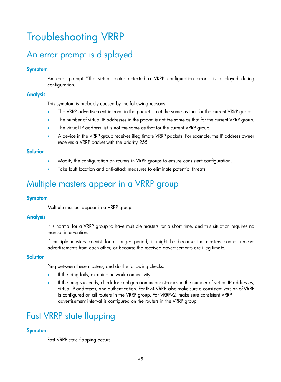 Troubleshooting vrrp, An error prompt is displayed, Symptom | Analysis, Solution, Multiple masters appear in a vrrp group, Fast vrrp state flapping | H3C Technologies H3C S6800 Series Switches User Manual | Page 53 / 68