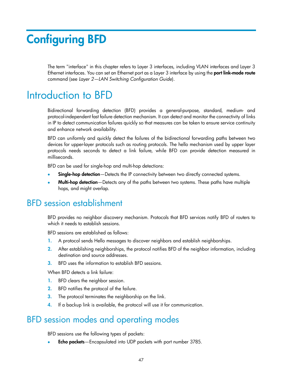 Configuring bfd, Introduction to bfd, Bfd session establishment | Bfd session modes and operating modes | H3C Technologies H3C S6800 Series Switches User Manual | Page 55 / 68