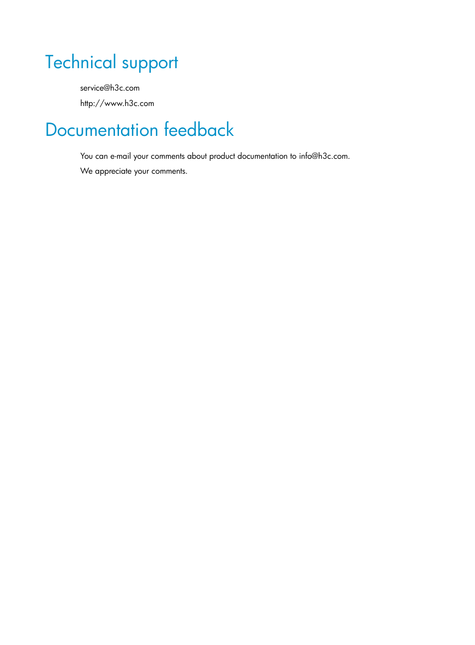 Technical support, Documentation feedback | H3C Technologies H3C S6800 Series Switches User Manual | Page 6 / 68