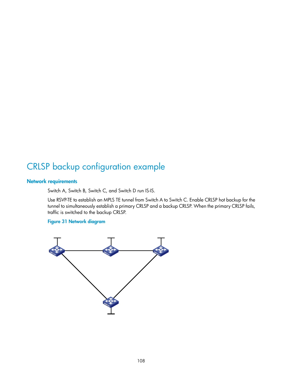 Crlsp backup configuration example, Network requirements | H3C Technologies H3C S6800 Series Switches User Manual | Page 121 / 526