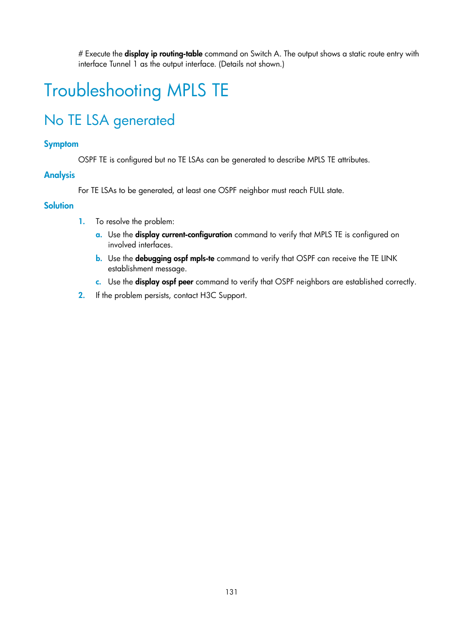 Troubleshooting mpls te, No te lsa generated, Symptom | Analysis, Solution | H3C Technologies H3C S6800 Series Switches User Manual | Page 144 / 526