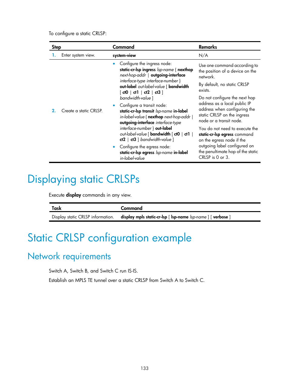 Displaying static crlsps, Static crlsp configuration example, Network requirements | H3C Technologies H3C S6800 Series Switches User Manual | Page 146 / 526