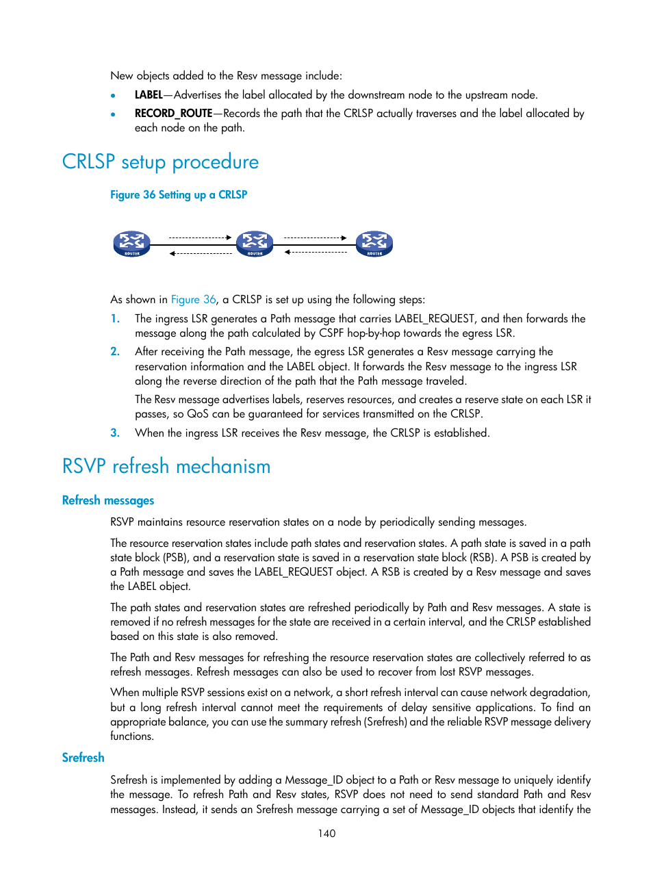 Crlsp setup procedure, Rsvp refresh mechanism, Refresh messages | Srefresh | H3C Technologies H3C S6800 Series Switches User Manual | Page 153 / 526