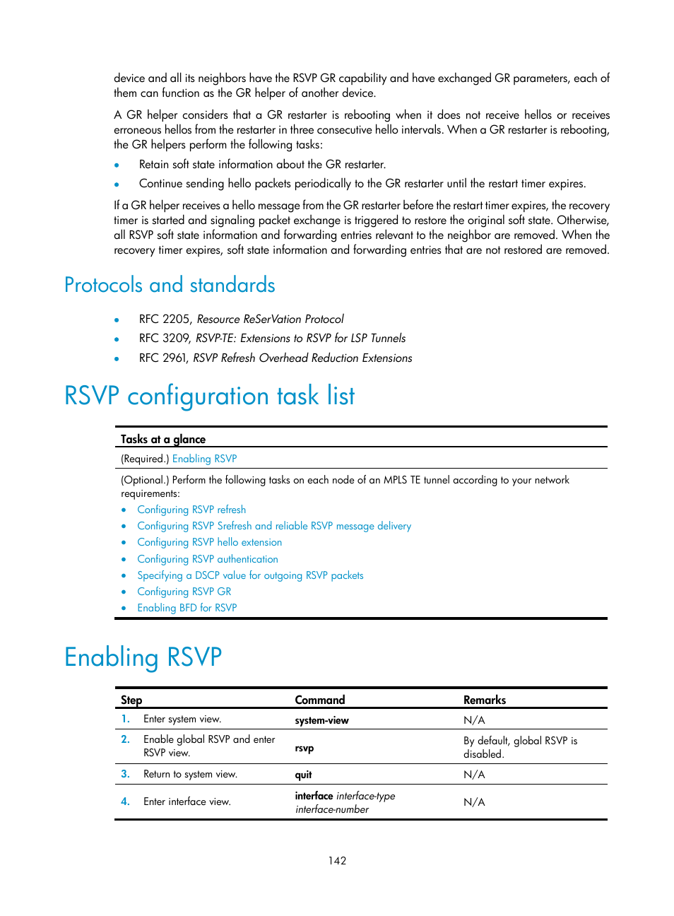 Protocols and standards, Rsvp configuration task list, Enabling rsvp | H3C Technologies H3C S6800 Series Switches User Manual | Page 155 / 526