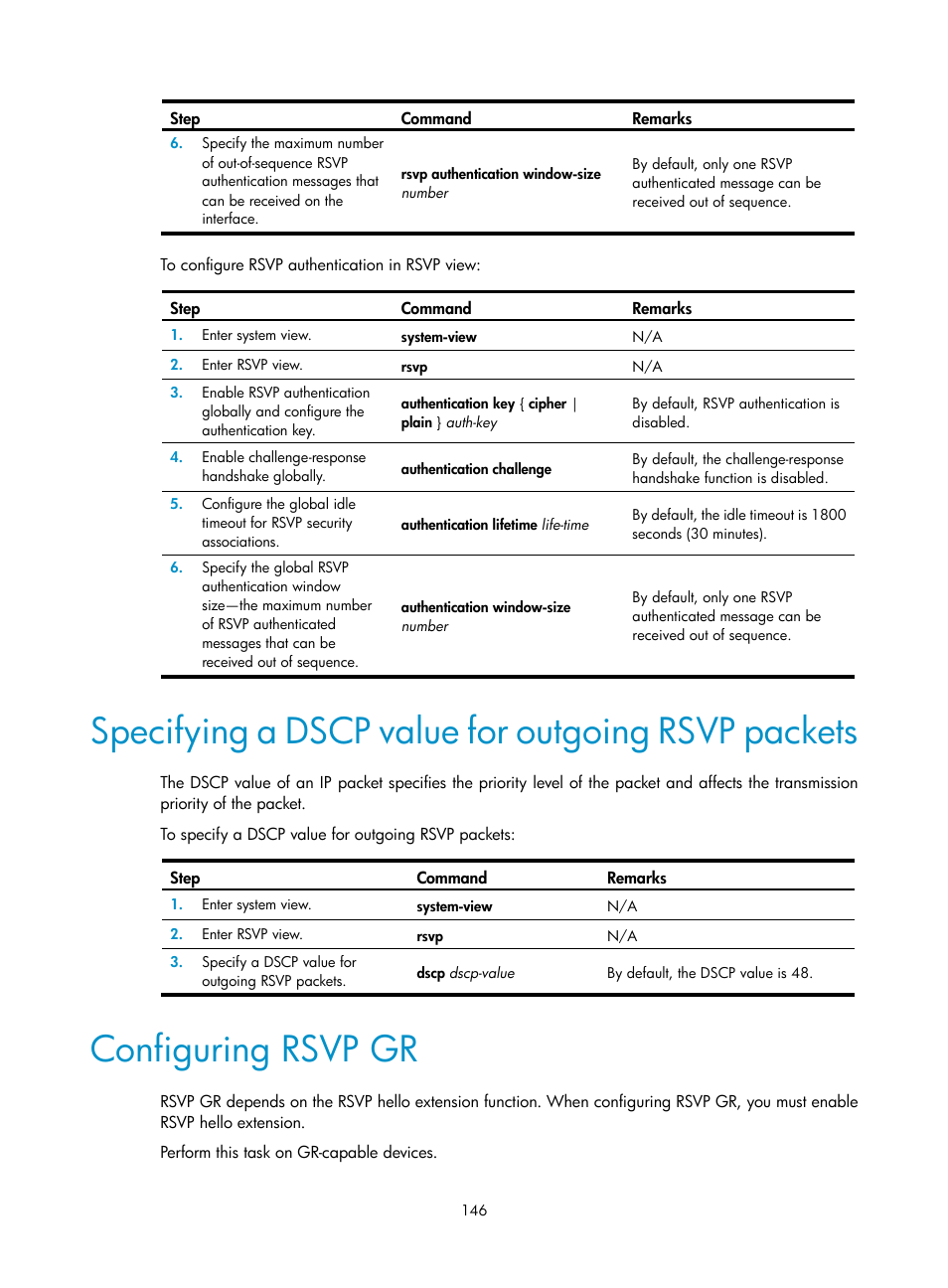 Specifying a dscp value for outgoing rsvp packets, Configuring rsvp gr | H3C Technologies H3C S6800 Series Switches User Manual | Page 159 / 526