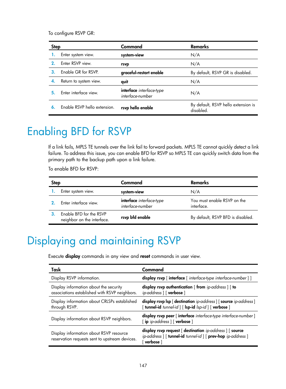 Enabling bfd for rsvp, Displaying and maintaining rsvp | H3C Technologies H3C S6800 Series Switches User Manual | Page 160 / 526