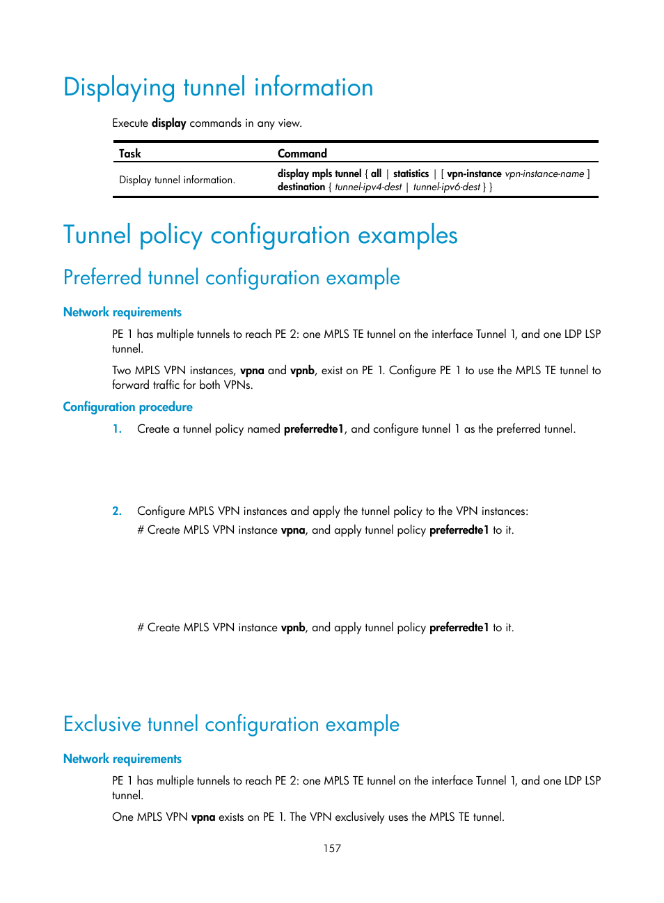 Displaying tunnel information, Tunnel policy configuration examples, Preferred tunnel configuration example | Network requirements, Configuration procedure, Exclusive tunnel configuration example | H3C Technologies H3C S6800 Series Switches User Manual | Page 170 / 526