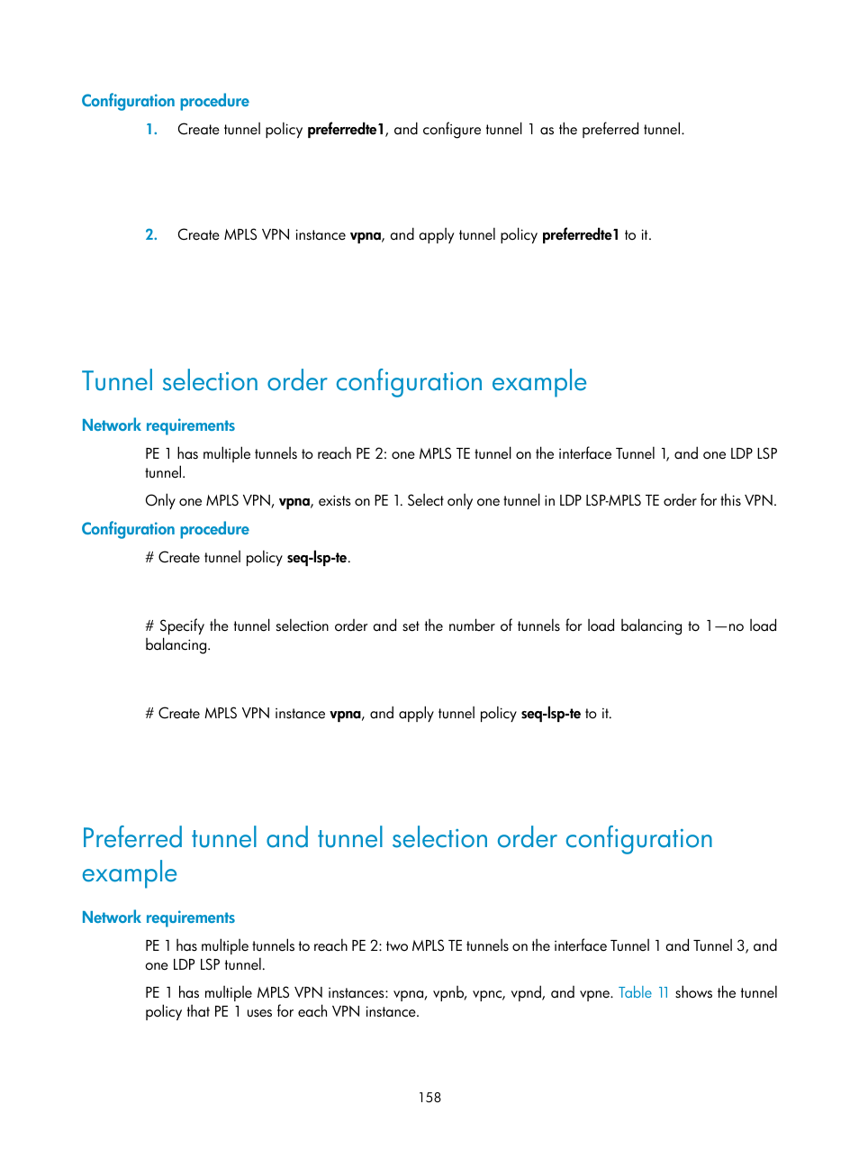 Configuration procedure, Tunnel selection order configuration example, Network requirements | H3C Technologies H3C S6800 Series Switches User Manual | Page 171 / 526