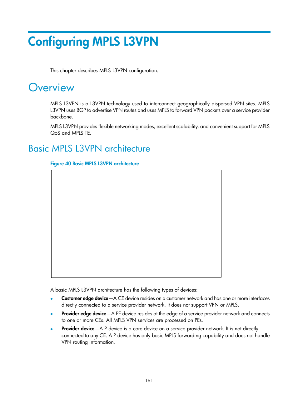 Configuring mpls l3vpn, Overview, Basic mpls l3vpn architecture | H3C Technologies H3C S6800 Series Switches User Manual | Page 174 / 526