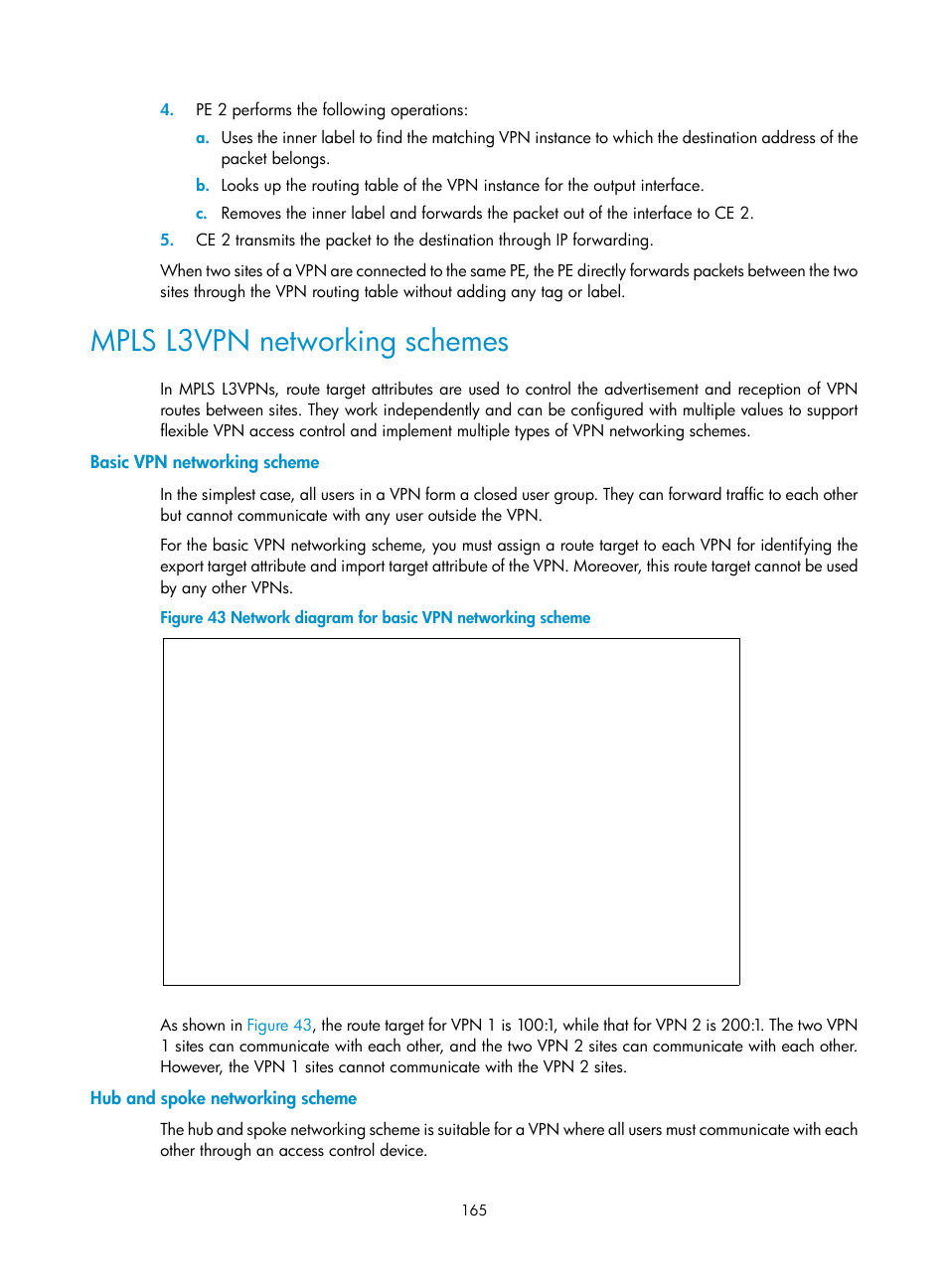 Mpls l3vpn networking schemes, Basic vpn networking scheme, Hub and spoke networking scheme | H3C Technologies H3C S6800 Series Switches User Manual | Page 178 / 526