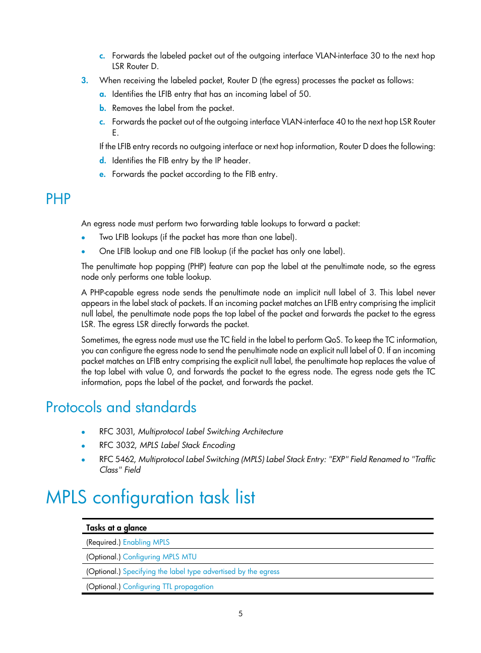 Protocols and standards, Mpls configuration task list | H3C Technologies H3C S6800 Series Switches User Manual | Page 18 / 526