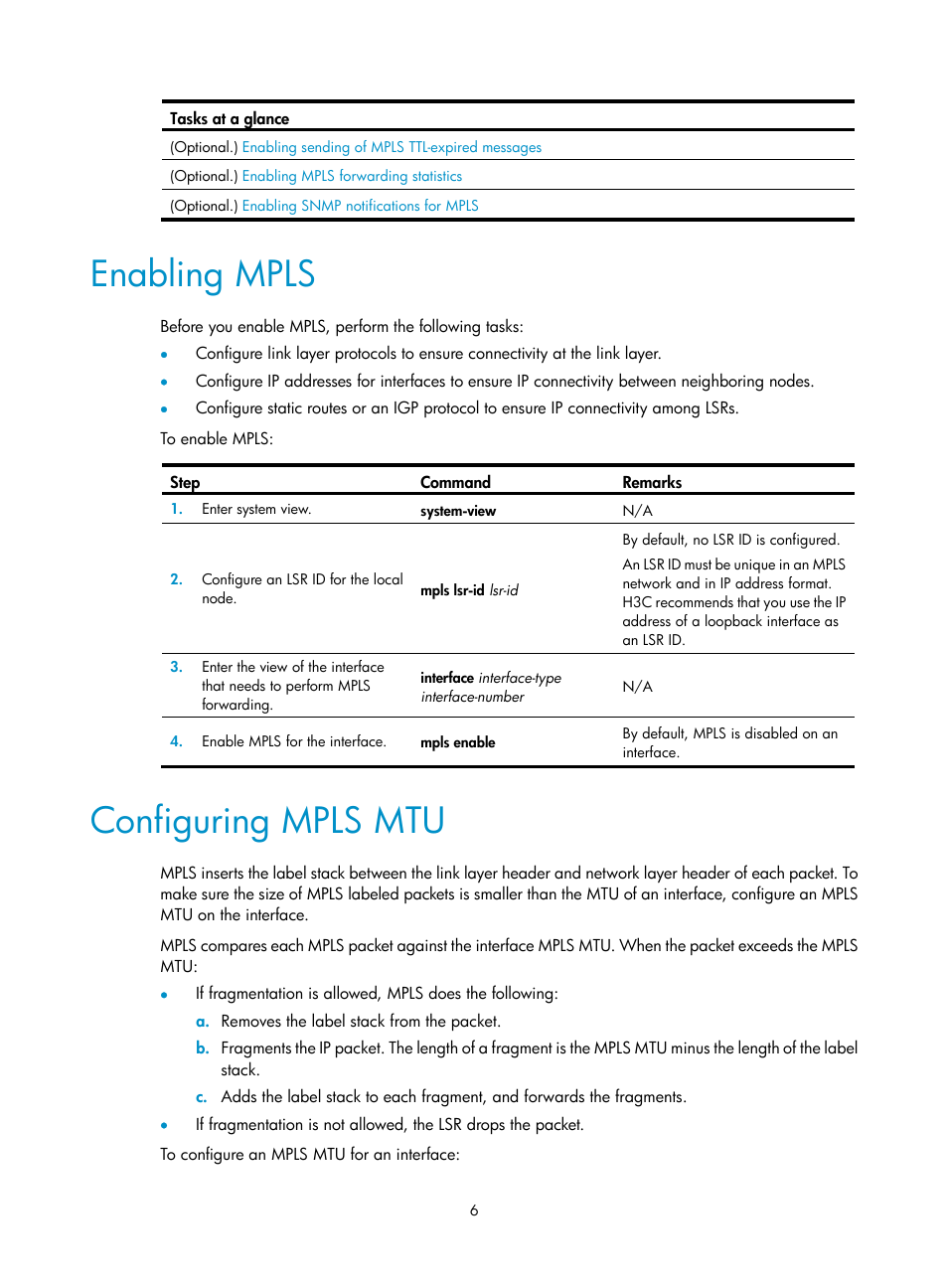 Enabling mpls, Configuring mpls mtu, Required.) | H3C Technologies H3C S6800 Series Switches User Manual | Page 19 / 526