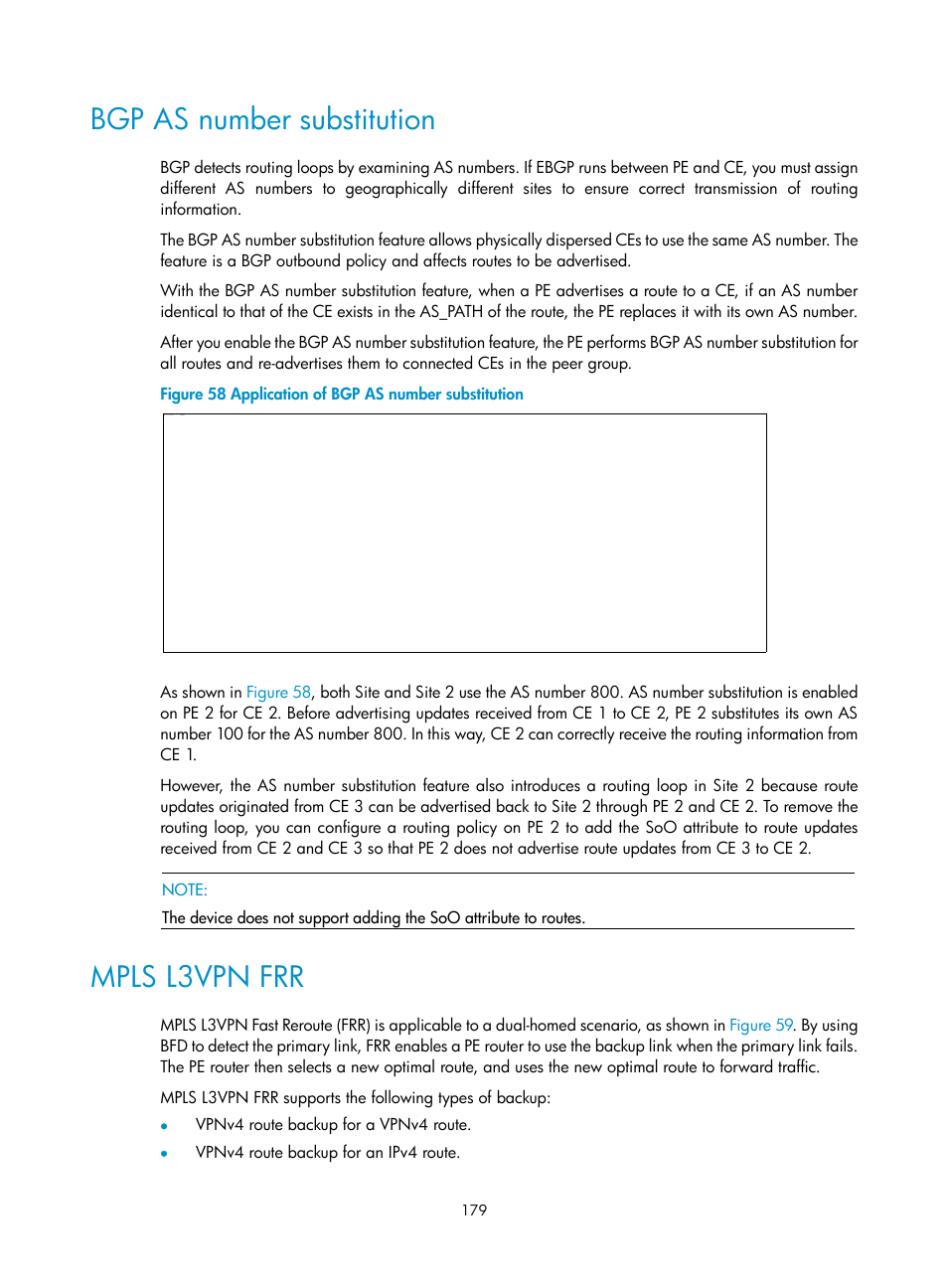 Bgp as number substitution, Mpls l3vpn frr | H3C Technologies H3C S6800 Series Switches User Manual | Page 192 / 526