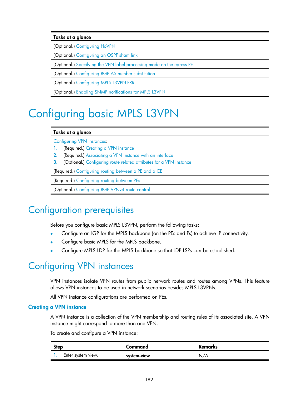 Configuring basic mpls l3vpn, Configuration prerequisites, Configuring vpn instances | Creating a vpn instance, Required.) | H3C Technologies H3C S6800 Series Switches User Manual | Page 195 / 526