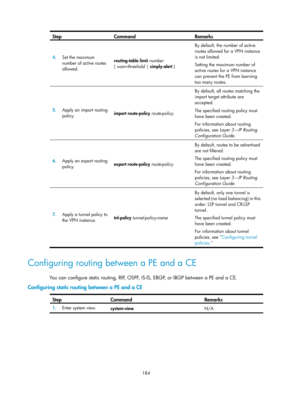 Configuring routing between a pe and a ce, Configuring static routing between a pe and a ce, Required.) | H3C Technologies H3C S6800 Series Switches User Manual | Page 197 / 526