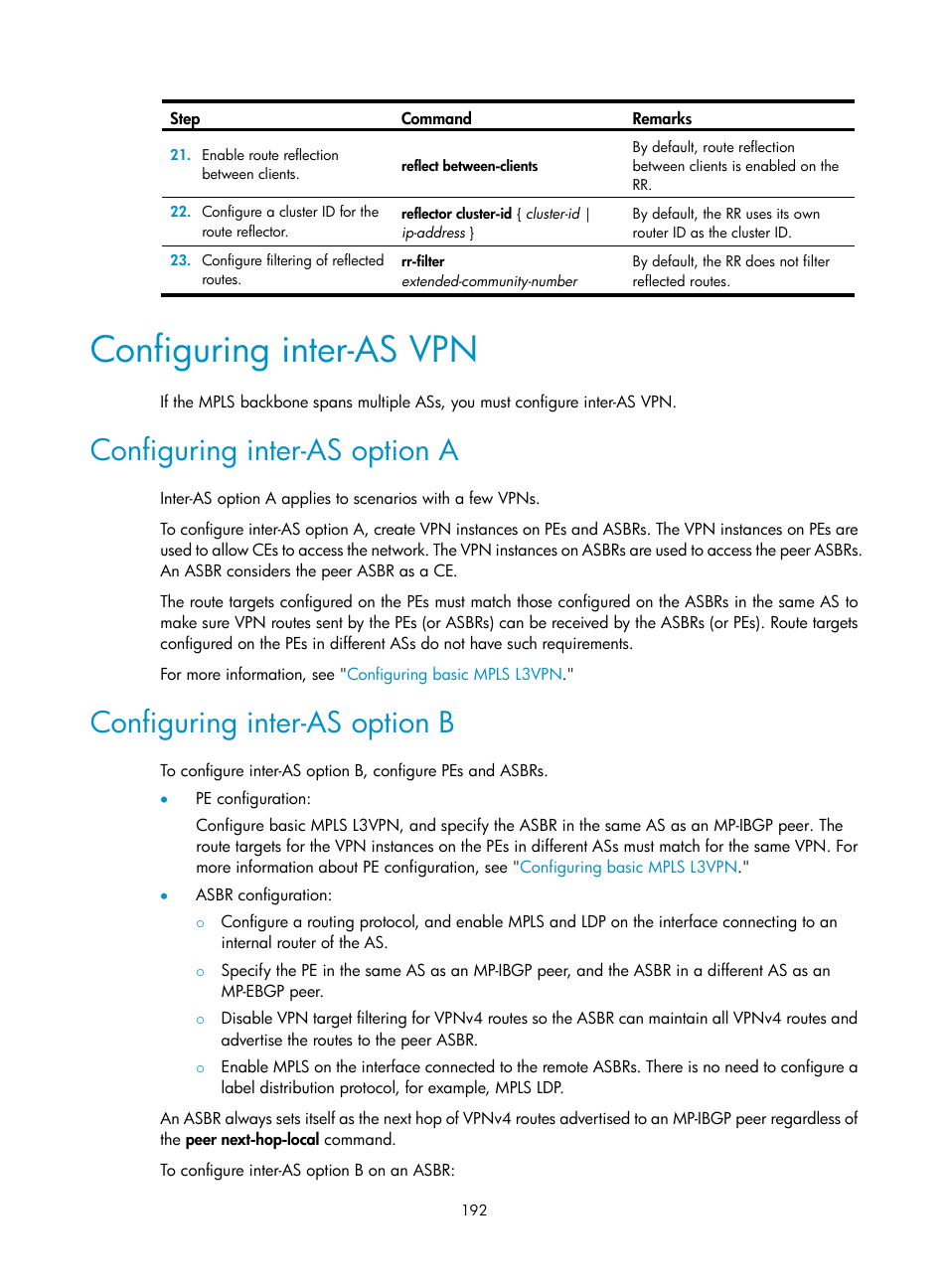 Configuring inter-as vpn, Configuring inter-as option a, Configuring inter-as option b | H3C Technologies H3C S6800 Series Switches User Manual | Page 205 / 526