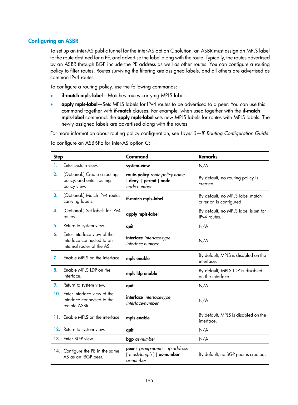 Configuring an asbr | H3C Technologies H3C S6800 Series Switches User Manual | Page 208 / 526