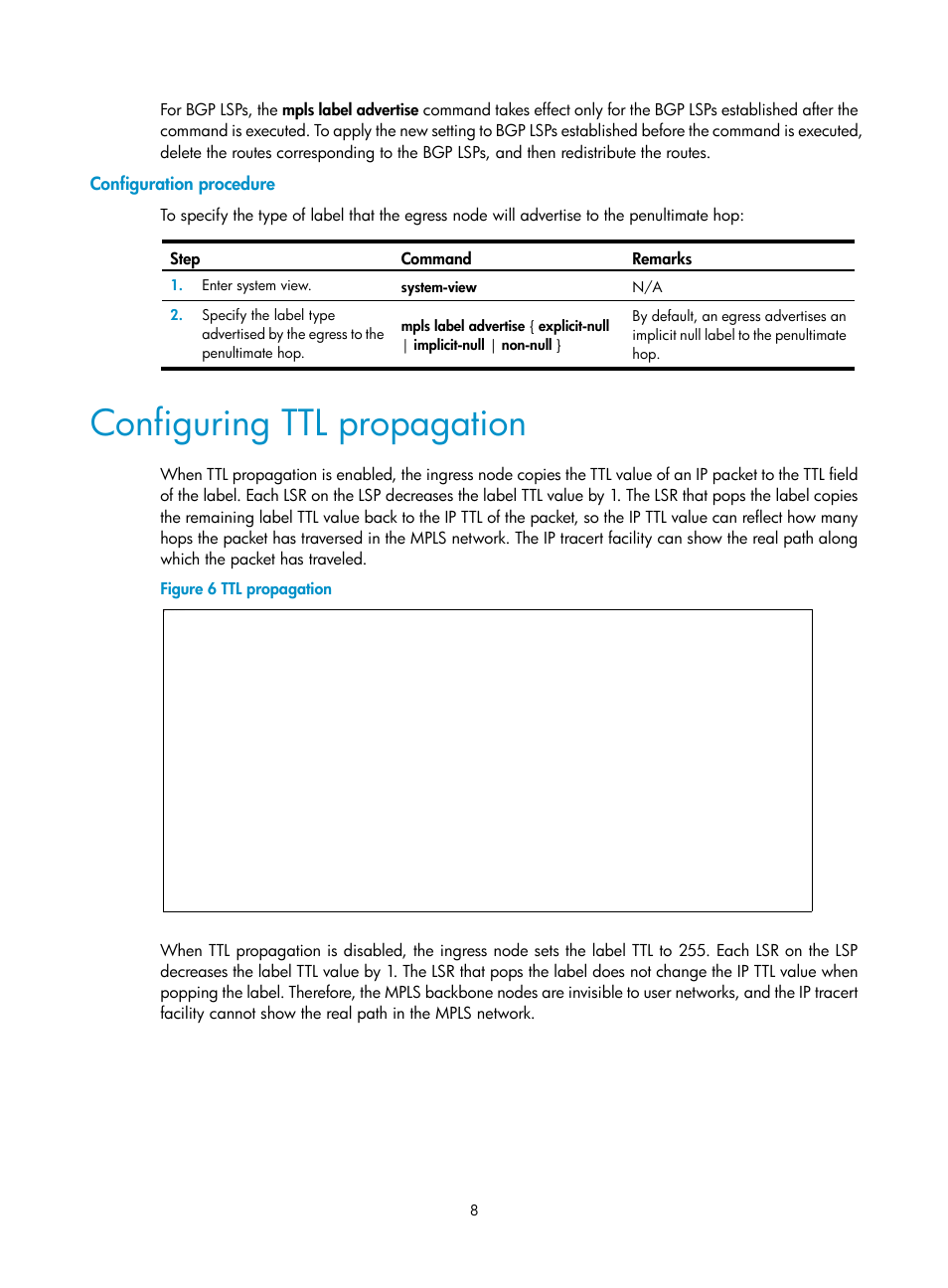 Configuration procedure, Configuring ttl propagation | H3C Technologies H3C S6800 Series Switches User Manual | Page 21 / 526