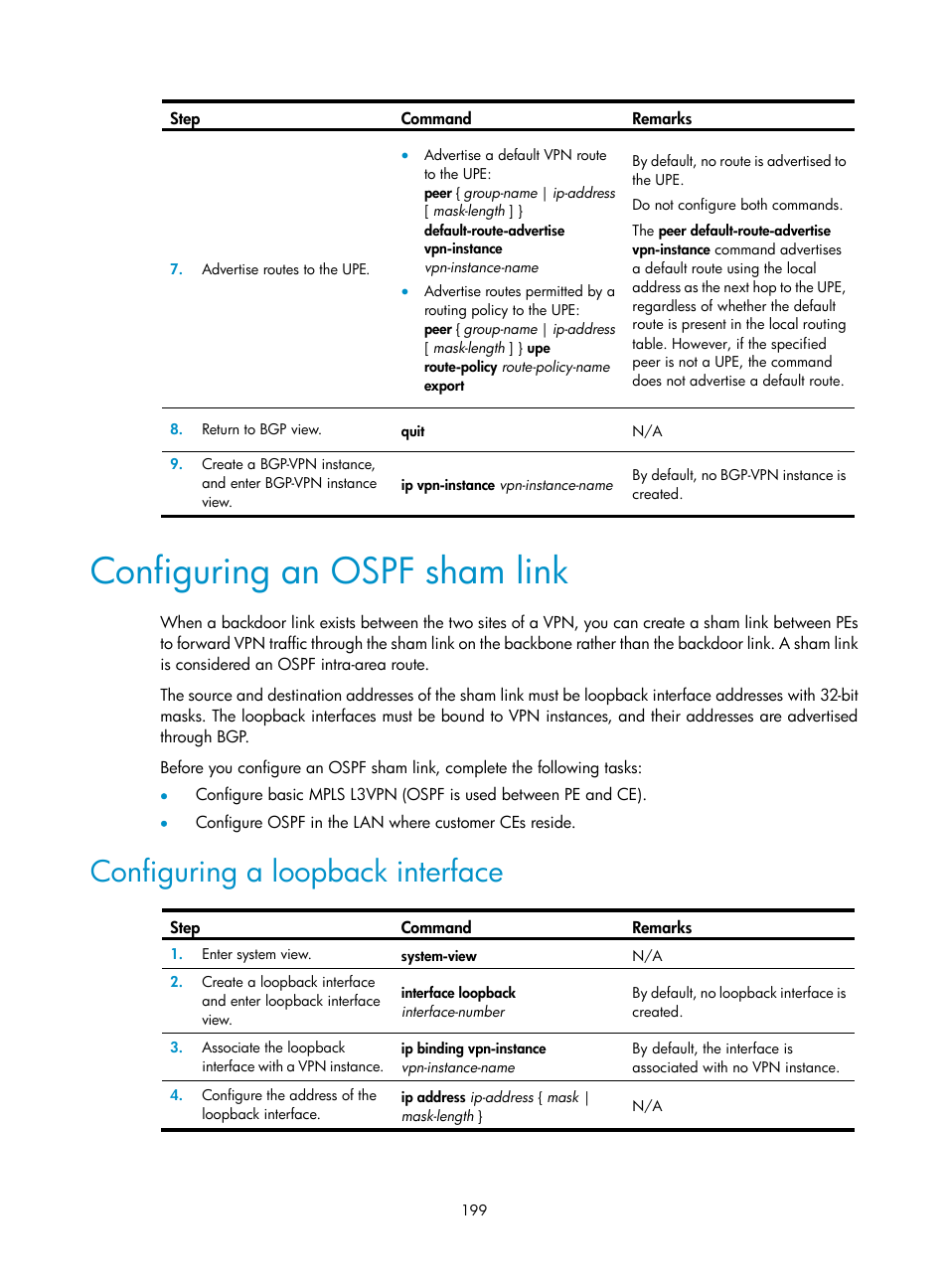 Configuring an ospf sham link, Configuring a loopback interface | H3C Technologies H3C S6800 Series Switches User Manual | Page 212 / 526