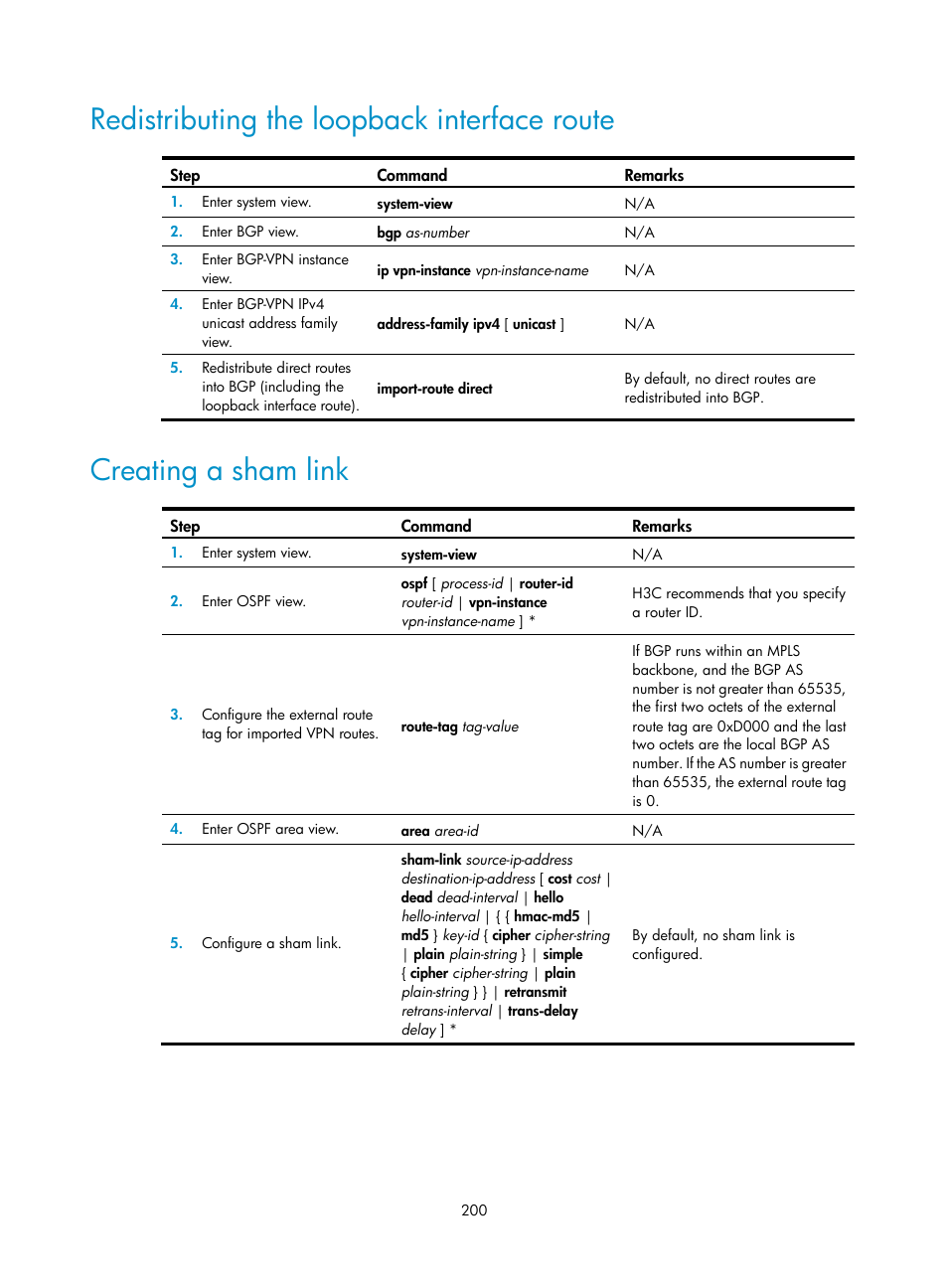 Redistributing the loopback interface route, Creating a sham link | H3C Technologies H3C S6800 Series Switches User Manual | Page 213 / 526