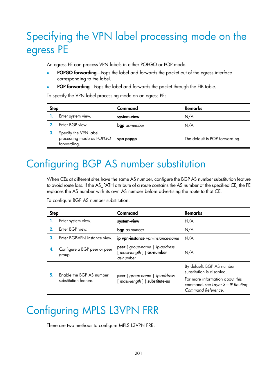 Configuring bgp as number substitution, Configuring mpls l3vpn frr | H3C Technologies H3C S6800 Series Switches User Manual | Page 214 / 526