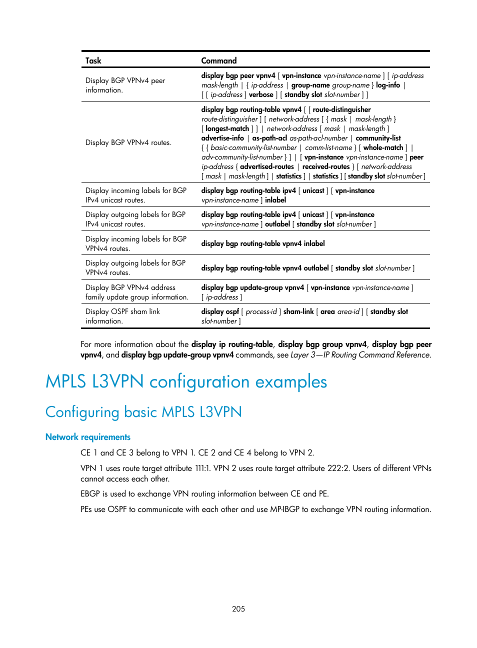 Mpls l3vpn configuration examples, Configuring basic mpls l3vpn, Network requirements | H3C Technologies H3C S6800 Series Switches User Manual | Page 218 / 526