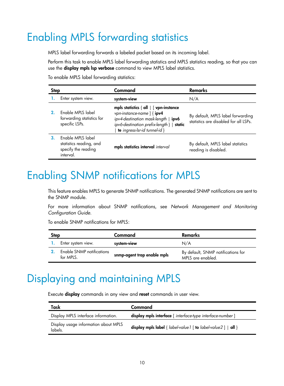 Enabling mpls forwarding statistics, Enabling snmp notifications for mpls, Displaying and maintaining mpls | H3C Technologies H3C S6800 Series Switches User Manual | Page 23 / 526