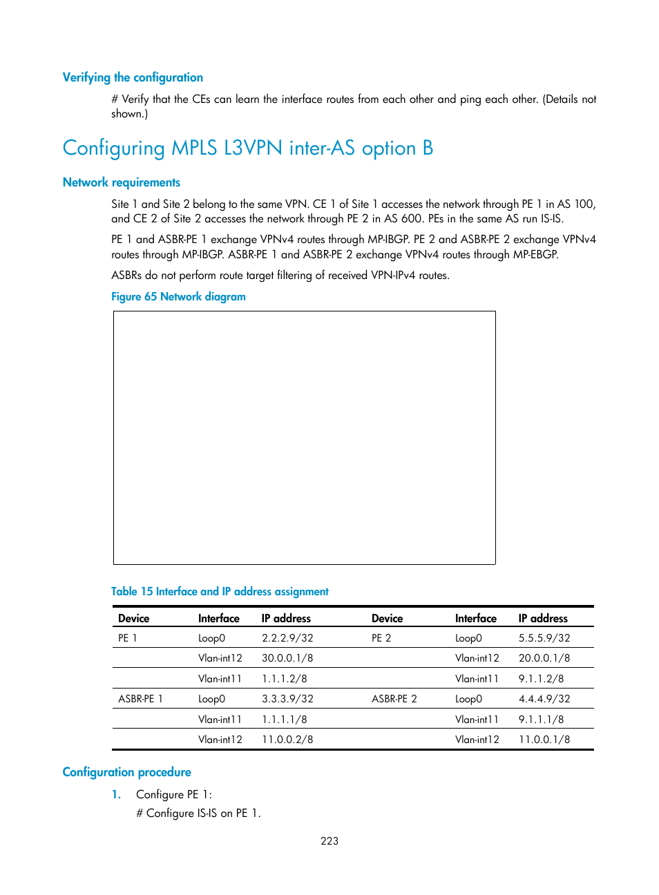 Verifying the configuration, Configuring mpls l3vpn inter-as option b, Network requirements | Configuration procedure | H3C Technologies H3C S6800 Series Switches User Manual | Page 236 / 526