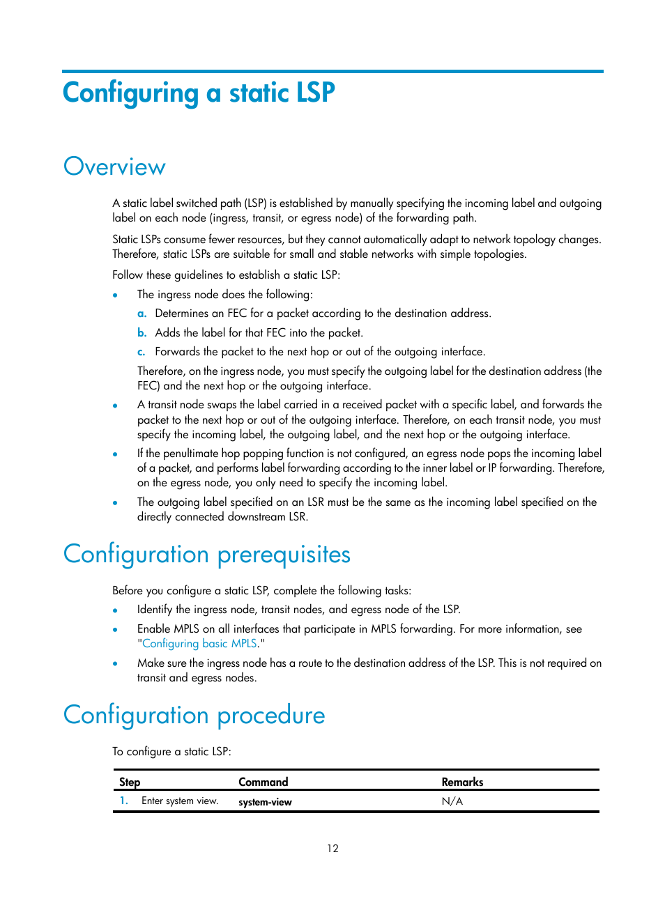 Configuring a static lsp, Overview, Configuration prerequisites | Configuration procedure | H3C Technologies H3C S6800 Series Switches User Manual | Page 25 / 526