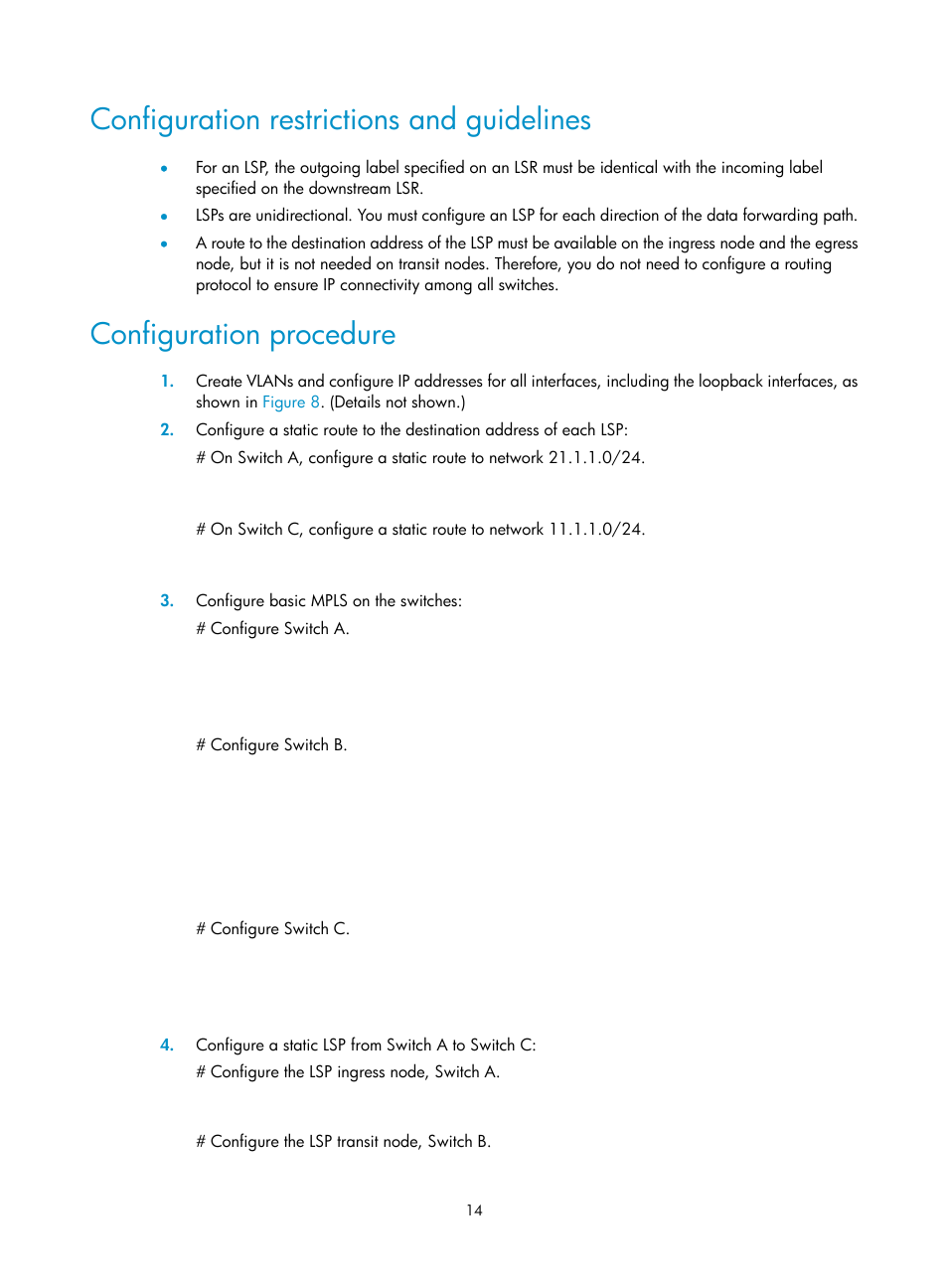 Configuration restrictions and guidelines, Configuration procedure | H3C Technologies H3C S6800 Series Switches User Manual | Page 27 / 526