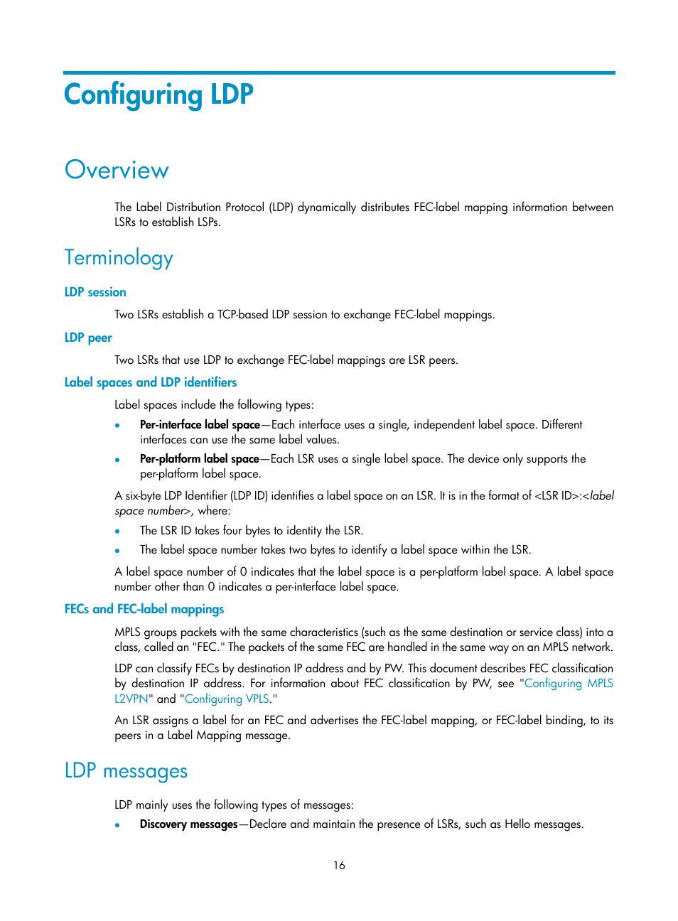 Configuring ldp, Overview, Terminology | Ldp session, Ldp peer, Label spaces and ldp identifiers, Fecs and fec-label mappings, Ldp messages | H3C Technologies H3C S6800 Series Switches User Manual | Page 29 / 526